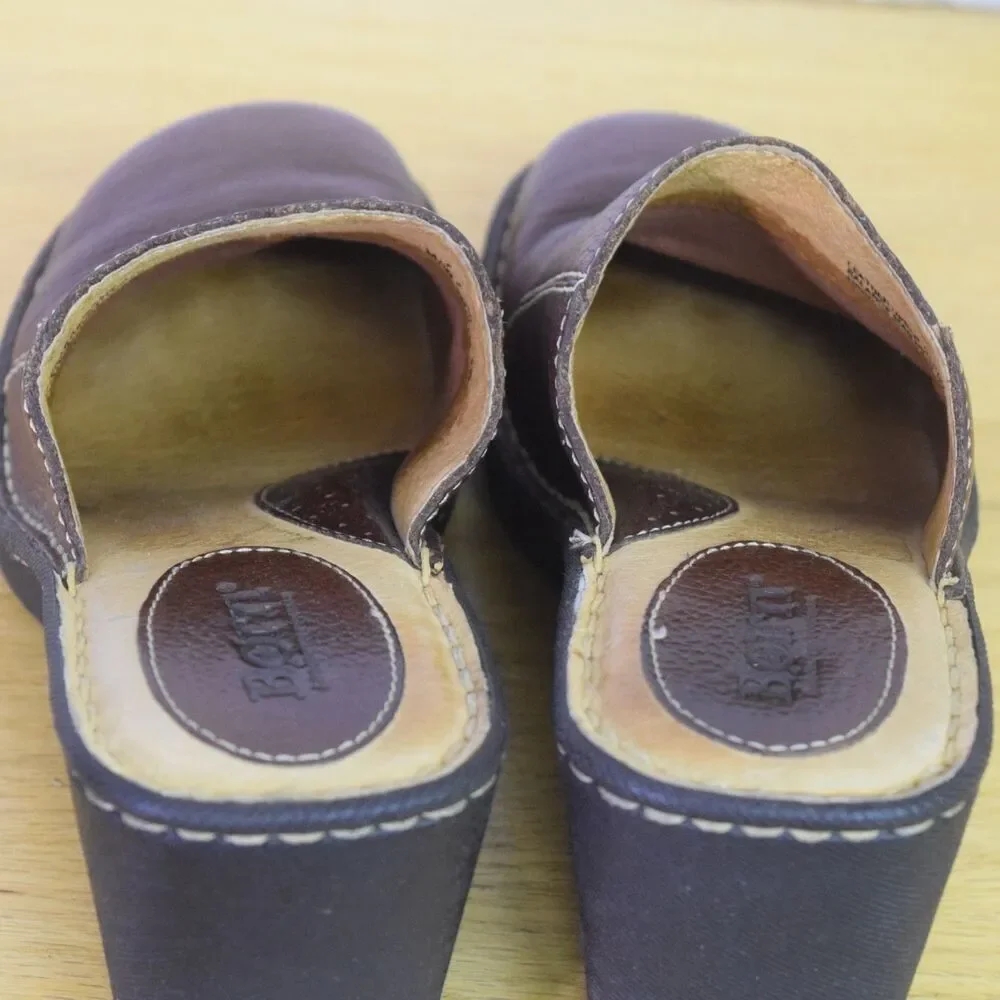 BORN Womens Size 7 Leather Chunky Square Heel Slip On Clogs Brown Y2K Mules